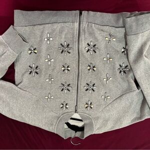 Gray Zip-Up Sweater with Embellishments